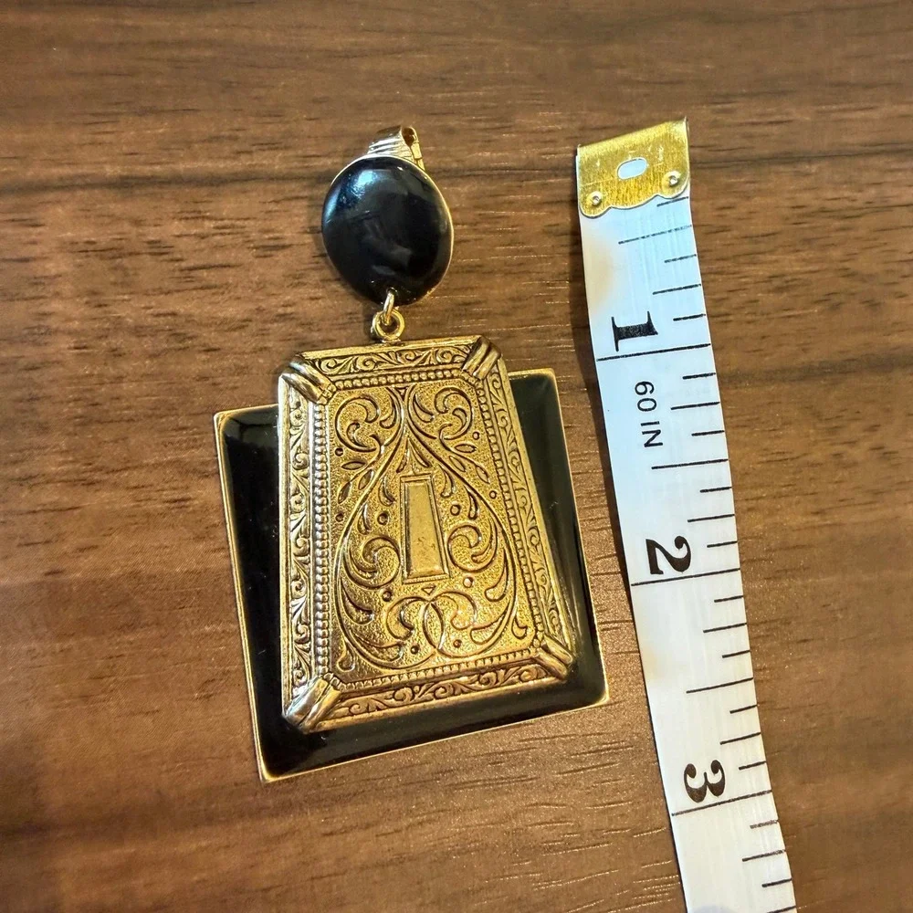 Vintage Style Art Deco Statement Earrings Black Gold Oversized Clip On 3